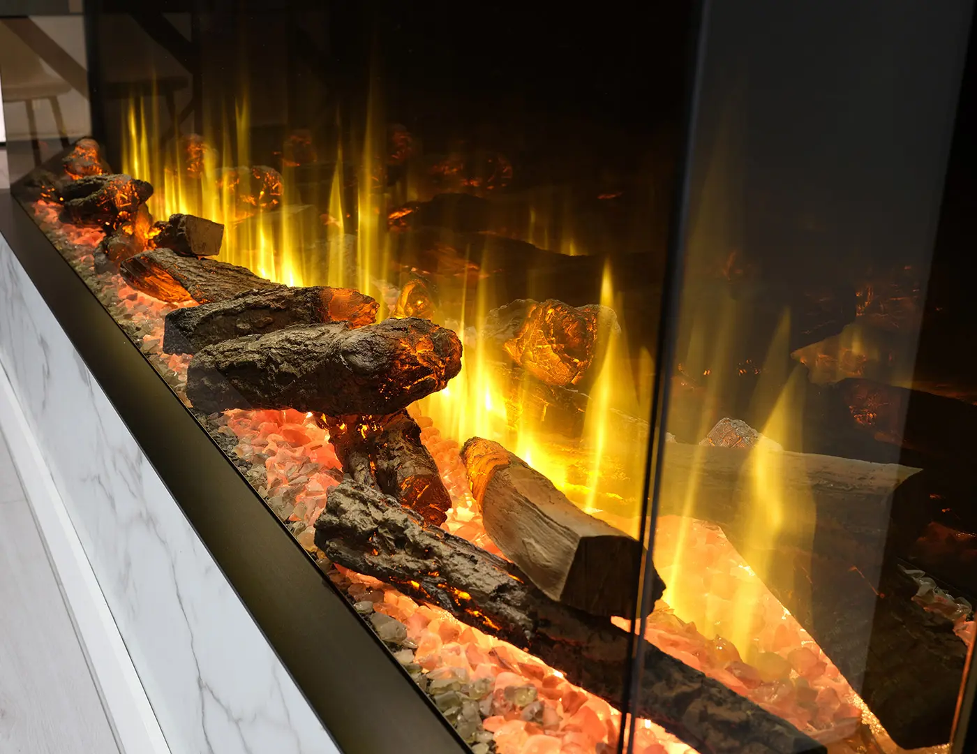 Close-up of electric fireplace flames